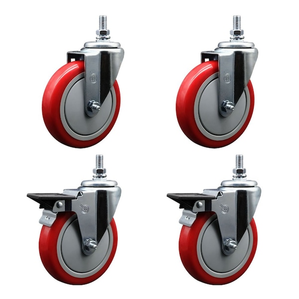 Service Caster 5 Inch Red Polyurethane 10 MM Threaded Stem Caster Set 2 Brakes SCC SCC-TS20S514-PPUB-RED-M1015-2-PLB-2 - main